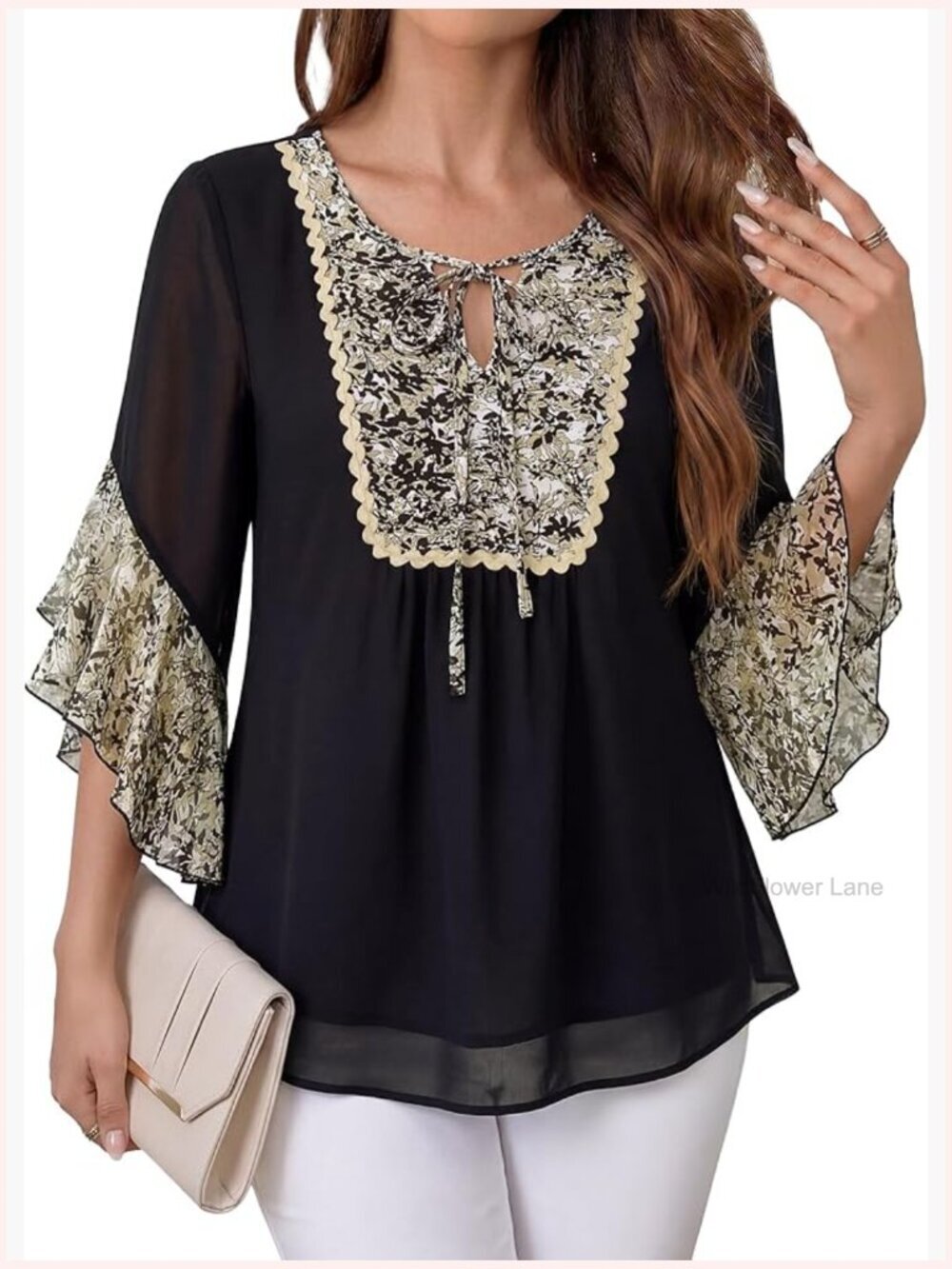 Dressy Casual 3/4 Sleeve Ruffle Floral V Neck Chiffon Blouse Work Shirt